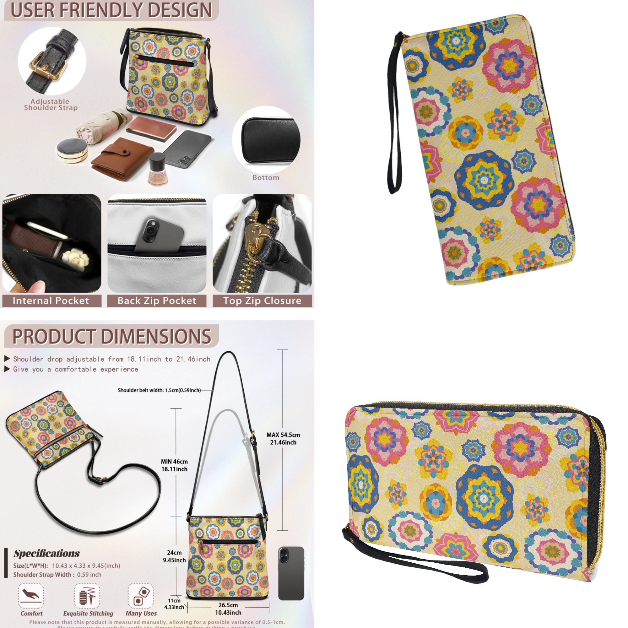 ZUXONGSY Boho Mandala Print Hobo Crossbody Bag Set for Women Lady, Leather Satchel Purse Multi Pocket Crossbody Shoulder Handbag Medium Size Messenger Bag with Adjustable Strap