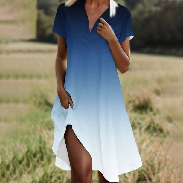 mfyjkho Vestidos para mujer, Vestido holgado y cómodo de manga corta con escote en V y estampado degradado para mujer. Vestidos maxi para mujer xxl
