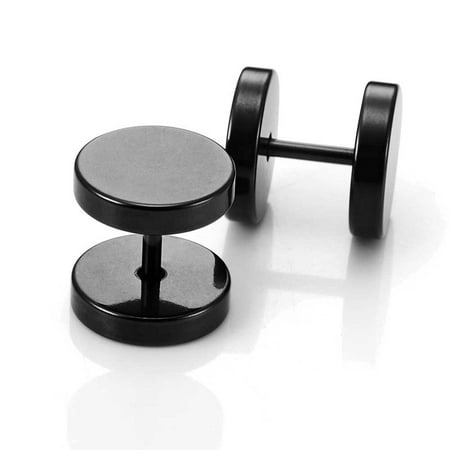 Designer Wood Earrings - Round Barbell Dumbbell Stainless Steel Mens Designer Jewelry Bolt Stud Earrings (Black 12mm)