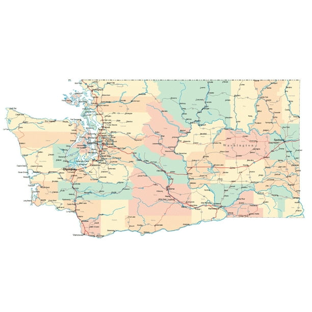 Road Map Of Washington State Laminated Poster Washington State Road Map Wa City Olympia Poster Print 20  Inch By 30 Inch - Walmart.com