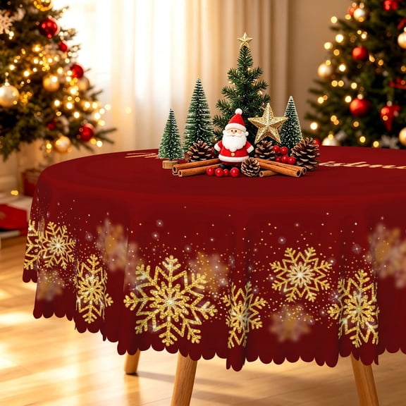 Duangreer Retro Christmas 60''Round Tablecloth, Golden Snowflake Print Washable Picnic Table Cover for Camping, Dining, Indoor and Outdoor