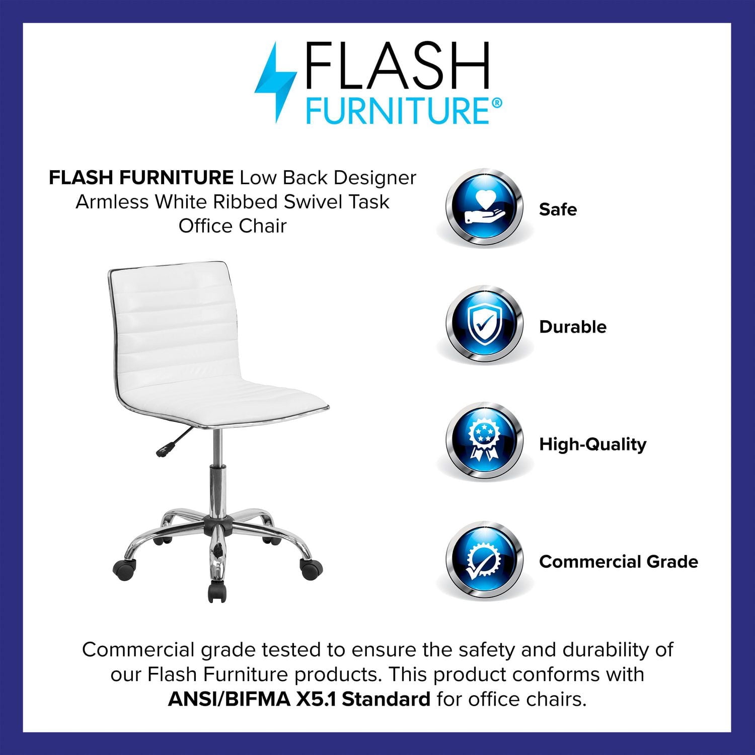 Flash Furniture Low Back Designer Armless White Ribbed Swivel Task Chair