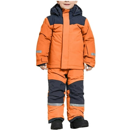 Xfvqtps Ski Jacket and Pant Set Snowsuits Snowboarding Suit Reflective Strip Hooded Keep Warm Color Blocking Waterproof Windproof Outdoor Winter Ski Suits Jumpsuits Orange