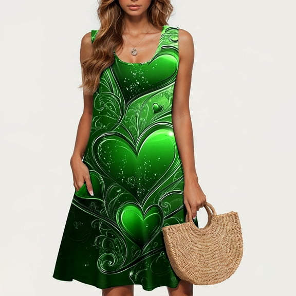 Kmdttou Women Summer Casual Short Sleeve Dresses St. Patrick's Day Casual Plus-size Sleeveless Crew Neck Short Dress with Pockets (Size:S-2XL)