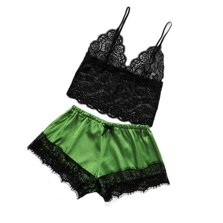 

Knosfe Women Eyelash Solid Color Two Piece Pajamas Set Lace Bow Cami Crop Top Shorts Set Satin Pjs M
