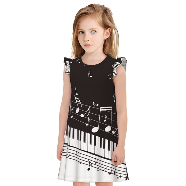 Fotbe Piano Keys With Musical Notes Vestido de Dormir para Niñas de 3 a 10 Años, Mangas Cortas, Estilo Princesa, Pijama Camisón con Mangas Voladas-Small