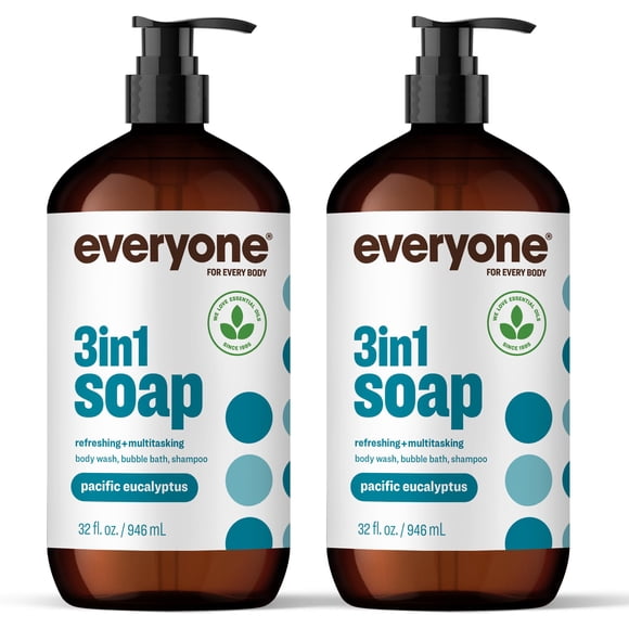 Everyone 3-in-1 Soap, Body Wash, Bubble Bath, Shampoo, 32 Ounce (Pack of 2), Pacific Eucalyptus, Coconut Cleanser with Plant Extracts and Pure Essential Oils