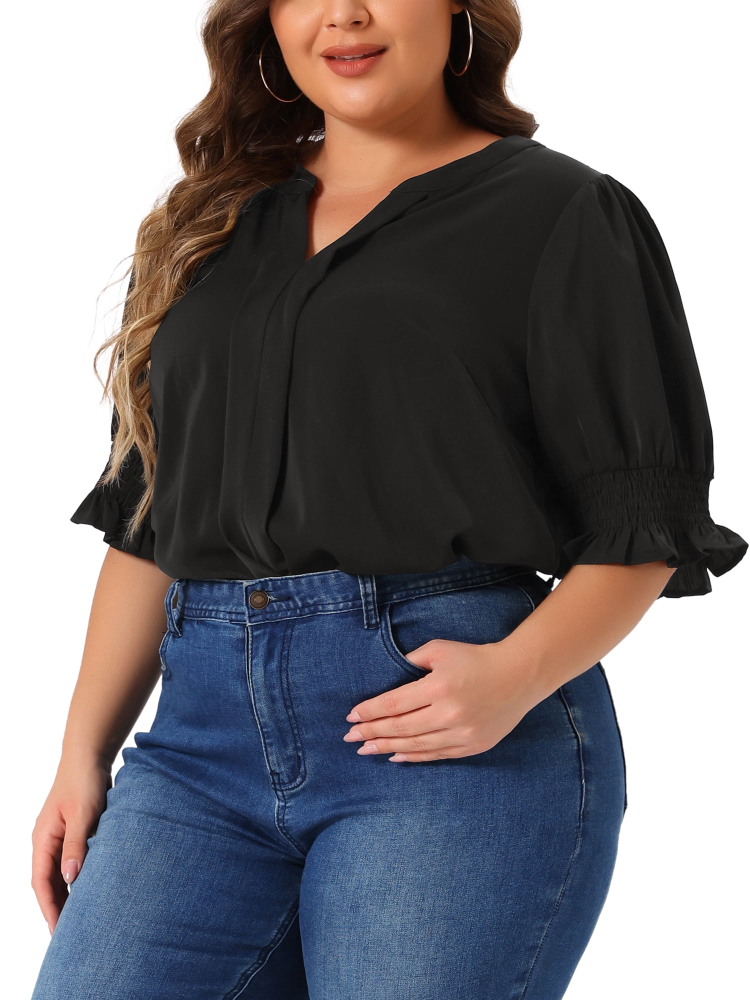 DARING DIVA Women's Plus Top Notched V Neck Puff Blouse Tops 1X Black