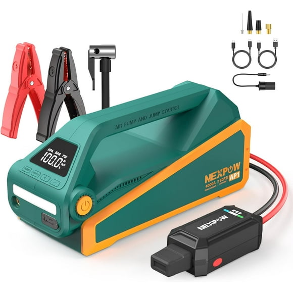 NEXPOW AP1 Jump Starter with Air Compressor, 4000A 150PSI Portable Jumper Starter (All Gas/10L Diesel) with Digital Tire Inflator, Car Battery Charger Booster with Power Bank, Quick Charge Port