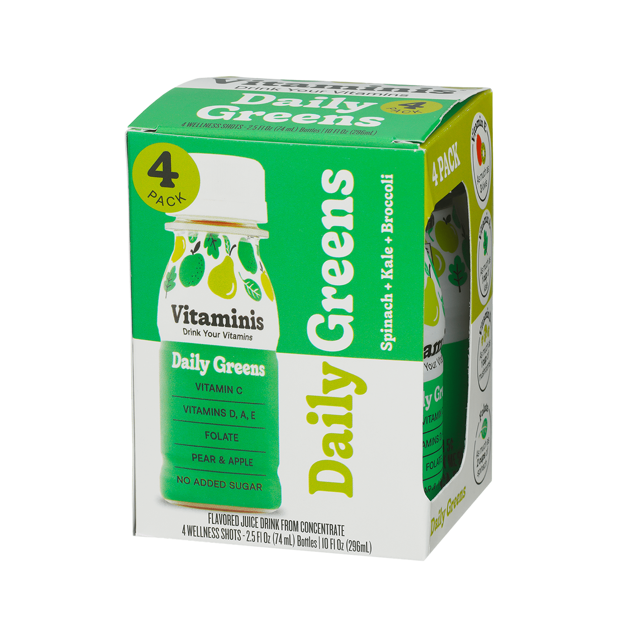 Vitaminis Daily Greens Shot, Apple Pear Juice Drink with Vitamins C, D, A, E & Folate, No Added Sugar, Non-GMO, Gluten-Free, Shelf-Stable Mini Bottles, 2.5 fl oz, 4 Count