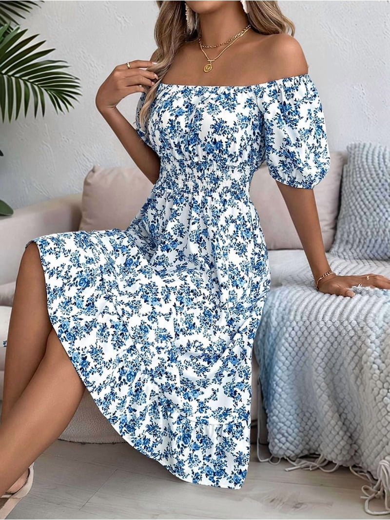 blue a line dress knee length A-Line Off Shoulder Satin Tea Length Blue Prom Dress, Blue Formal Dress US 4 / Champagne Pink