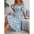 thumbnail image 5 of Women Off Shoulder Dress Floral Puff Sleeve Knee-Length A-Line Square-Neck Dresses Blue L, 5 of 9
