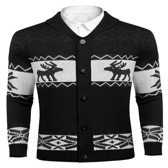 Cardigans de Noël pour Hommes Chandails Laids Renne Flocon de Neige Châle Col Cardigan Tricoté