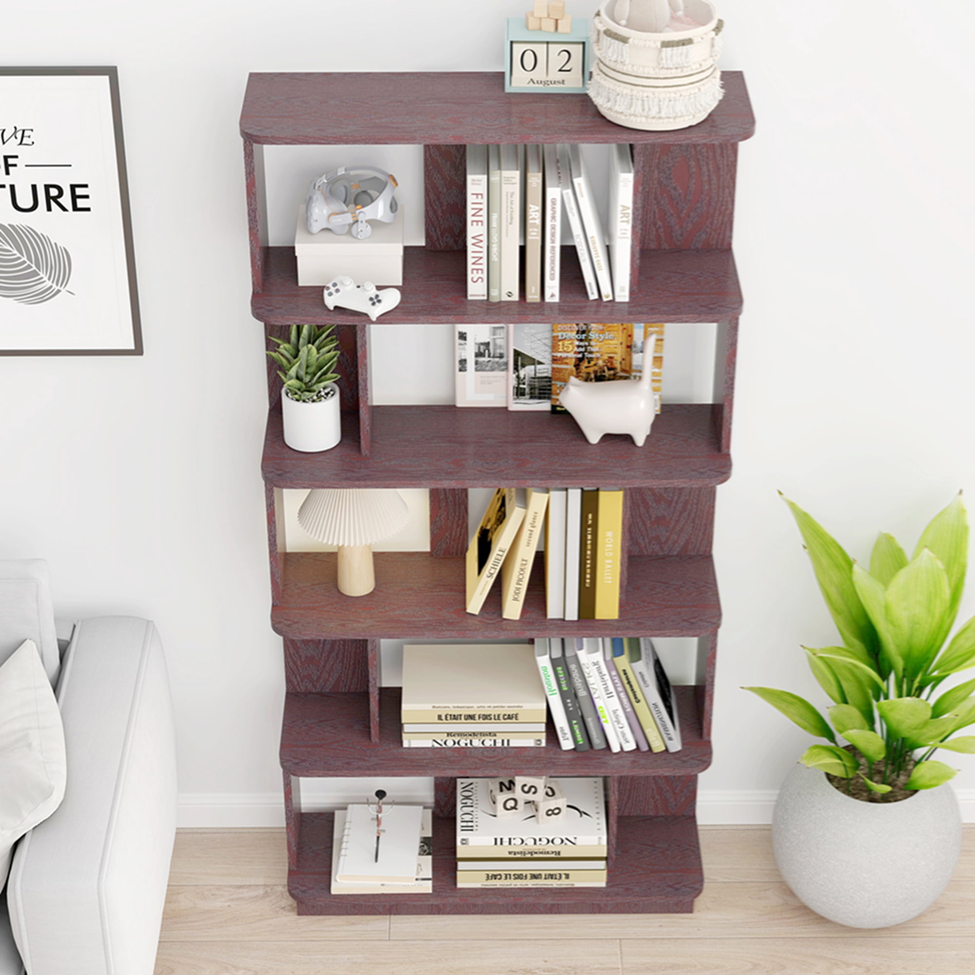 31.5" L x 64.56" H Free Combination Bookshelf Modern 5-Tier Open Storage Bookcase MDF Wood Display Shelving for Living Room Home Office Bedroom Decor Organizer, Media Storage Shelves, Red