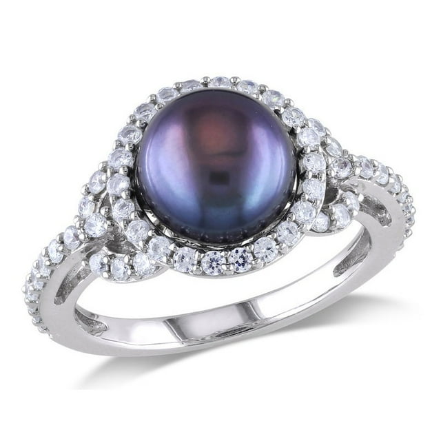 Black Freshwater Cultured Pearl 8.5-9mm and Cubic Ring In Sterling Silver