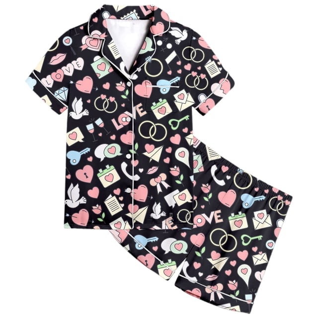 Stylish Girls Printed Short Sleeve Button Down Pajama and Shorts Playwear Set for Comfortable Bedtime