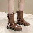 thumbnail image 2 of R-453 Brown Womens Trendy Fall Winter Short Boots Buckle Thick Bottom Thick Heel Solid Color Round Head Fashionable Casual Versatile Footwear, 2 of 9
