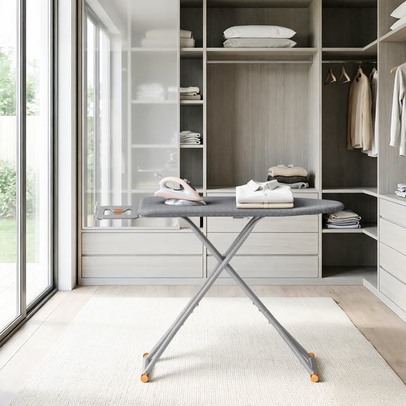 LEDREM Adjustable Height Ironing Board with Retractable Iron Rest, 43 x 13 Inch Foldable Iron Board, Space-Saving Design with Cover, Dove Gray