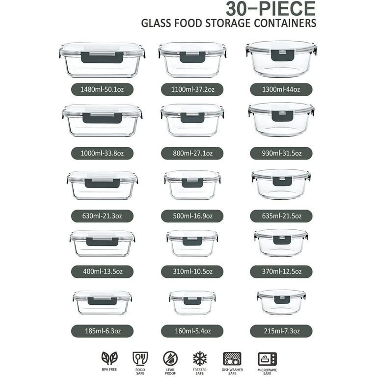 M MCIRCO 30 Pieces Glass Food Storage Containers with Snap Locking  Lids,Glass Meal Prep Containers Set - Airtight Lunch Containers, Microwave,  Oven