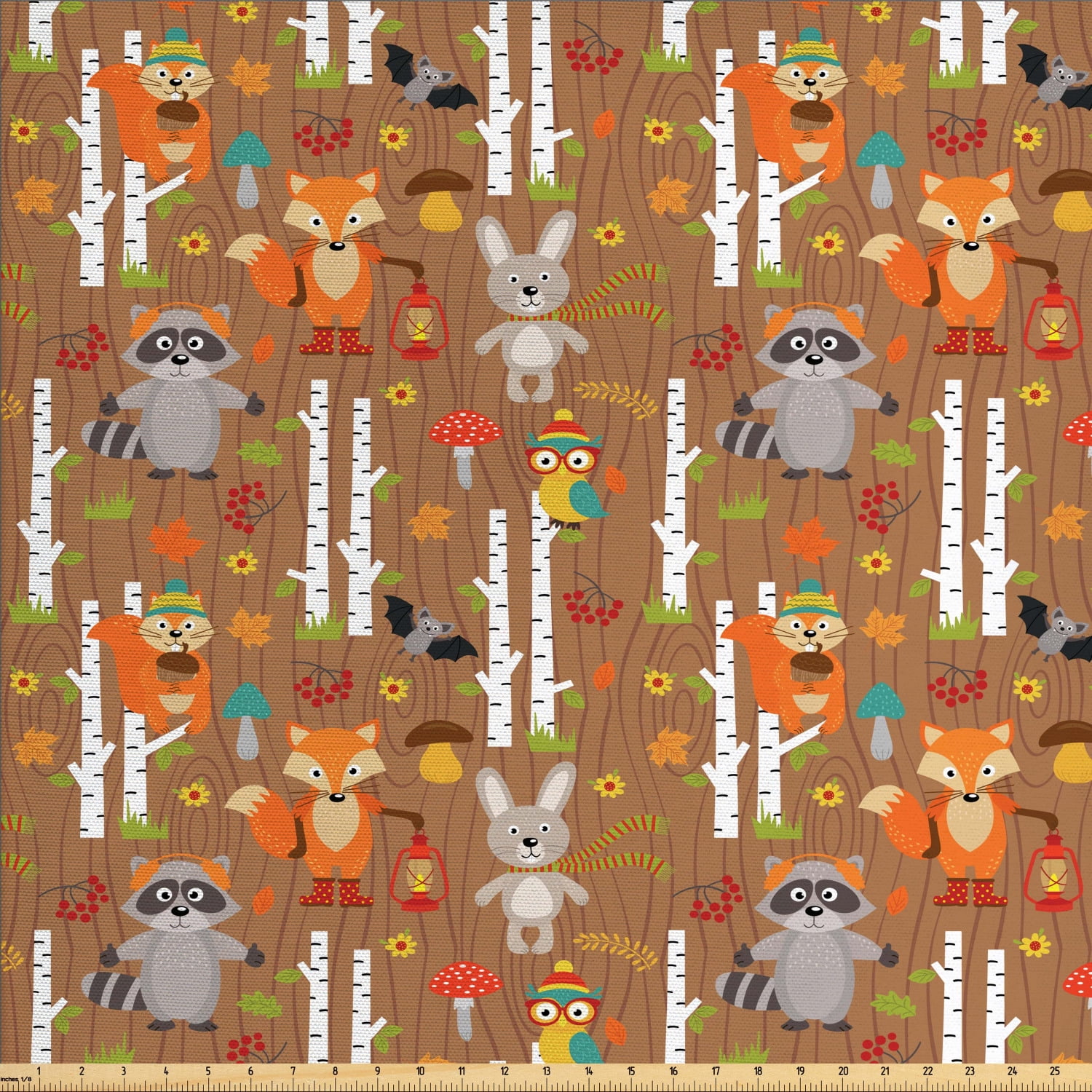 Woodland Fabric by The Yard, Cartoon Pattern with the Animals of the
