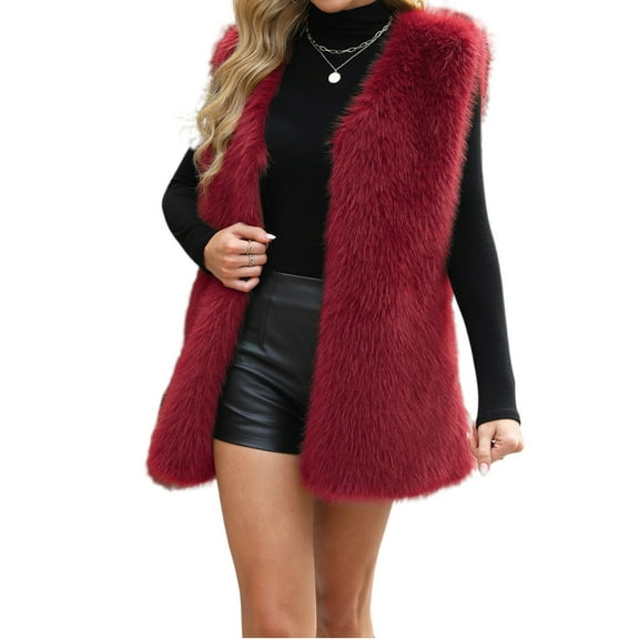 Stichou Womens Oversized Faux Fur Vests Sleeveless Open Front Cardigan Fuzzy Jacket Coat Outerwear 2025 Fall Winter Wine M