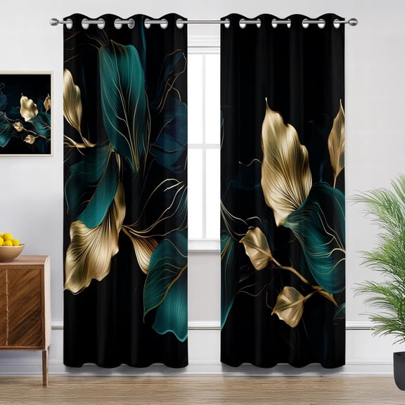 Leaf Blackout Curtains for Bedroom Living Room, Luxury Emerald Green and Gold Modern Patterned Window Treatments, Room Darkening Thermal Insulated Grommet Drapes-52"W x 45"L (Pack of 2)