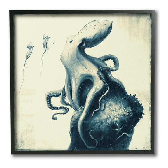 Stupell Industries Vintage Octopus & Jellyfish Animals & Insects Painting Black Framed Art Print Wall Art, 12 x 12
