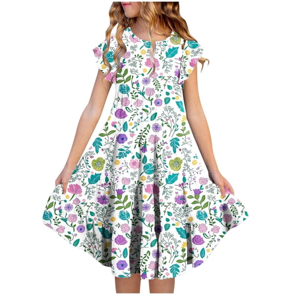 SonxaHe Little Girl's Dresses Flutter Sleeve Flowy Graphic Dress for Summer Party Beach Sun Dresses for Teen Youth White,Size 6-15 Y