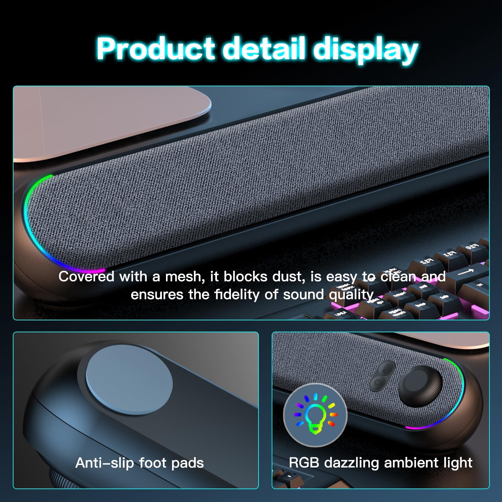 Desktop Computer Speakers, Stereo Soundbar, Bluetooth 5.3, USB/Type-C Power and Audio Transmission, Plug-and-Play, Compatible with PC, Mac, Laptops, Monitors, RGB Lighting, Wired Gaming Speakers
