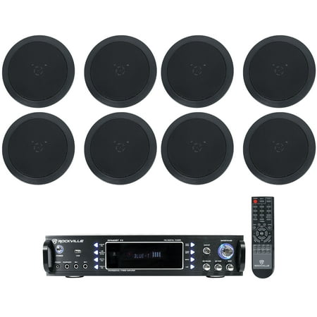 Rockville 1000w Amplifier+(8) 5.25 Black Ceiling Speakers For Restaurant/Bar