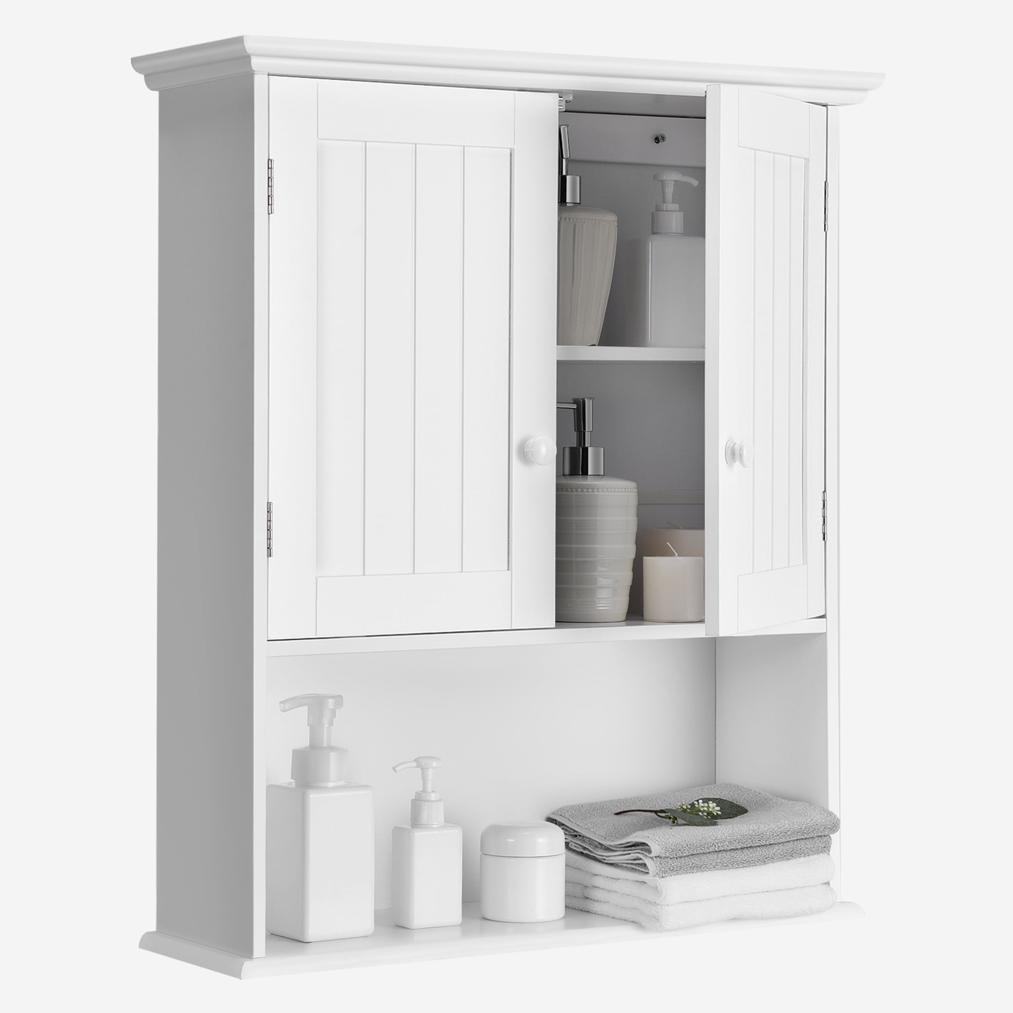 Costway Wall Mount Bathroom Cabinet Storage Organizer Medicine Cabinet with 2 Doors and 1 Shelf Cottage Collection Wall Cabinet White