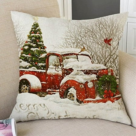 Jemeaqs1 Red Truck Tree Scheme Decorative Pillowcase 20x20 Throw