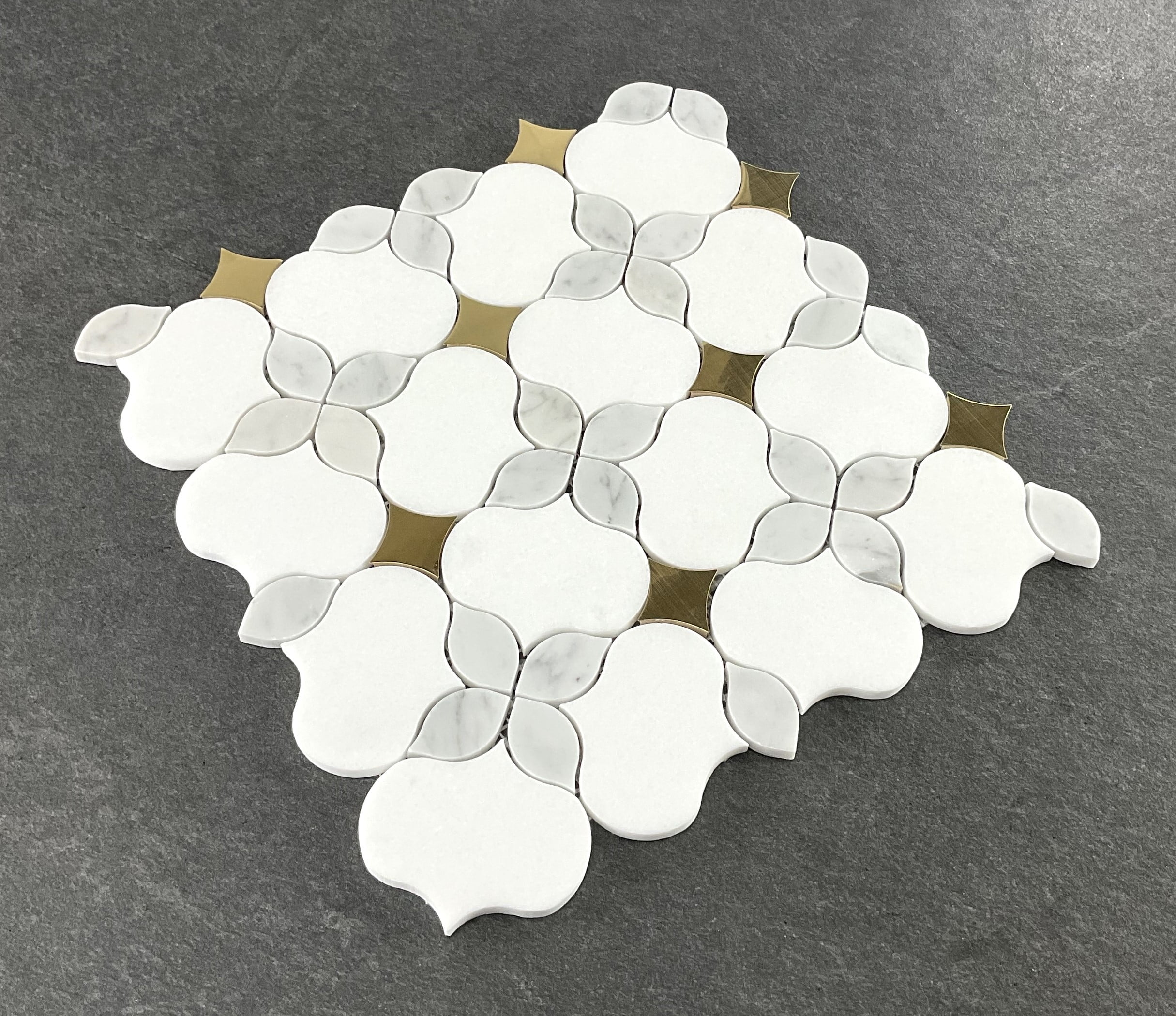 Waterjet Thassos White Marble & Gold Metal Floral Novelty Mosaic Wall & Floor Tile - Case (10 Sheets)
