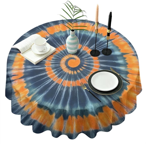 Orange Blue Tie Dye Mandala Pattern Round Tablecloth 60"x60",Wrinkle Wipeable Table Cloth for Kitchen Dining Room Picnic Patio Party