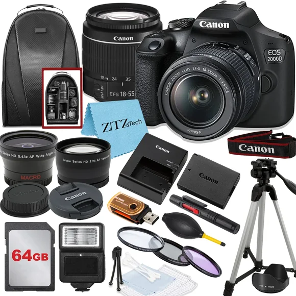 Canon EOS 2000D / Rebel T7 DSLR Camera with 18-55mm Lens, 64GB Memory, Tripod, Backpack and ZeeTech Bundle