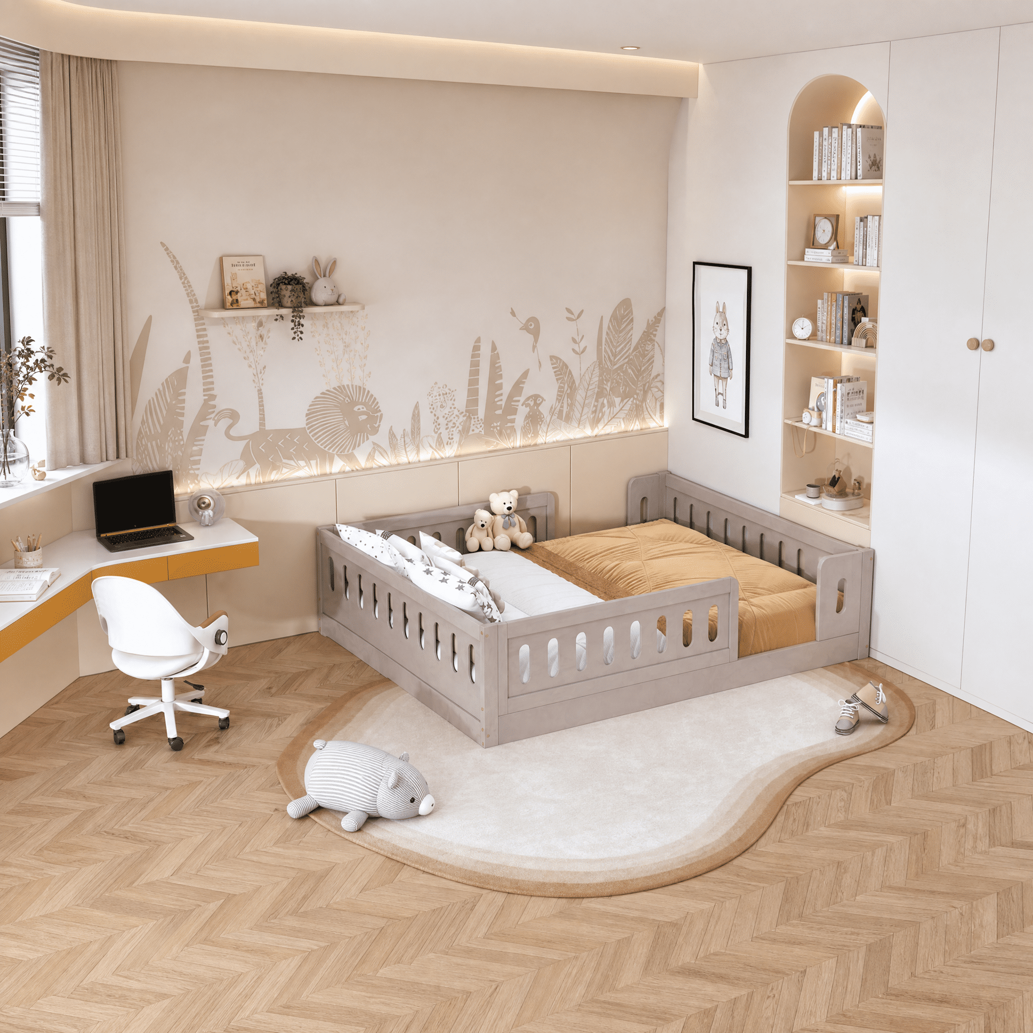 Wood Full Size Platform Bed with Guardrail, Natural