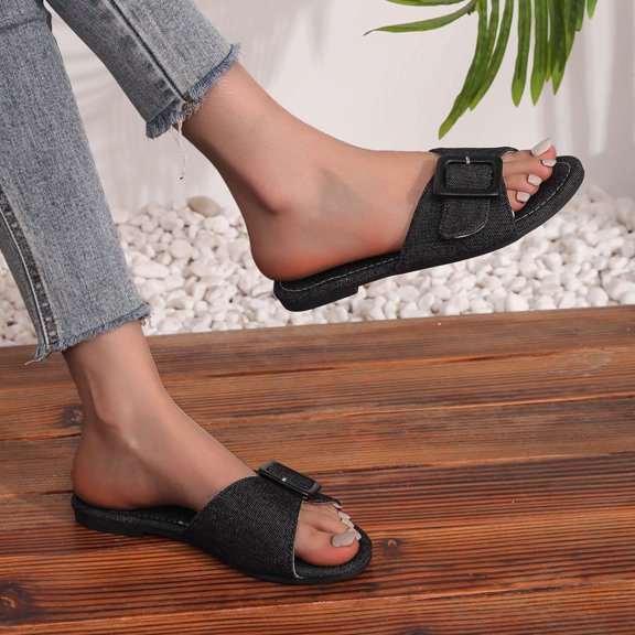 Wowcloth Women's Casual Summer Sandals – Comfortable Slip-On with Single Buckle Decor and Round Toe Design for Fashion Slides