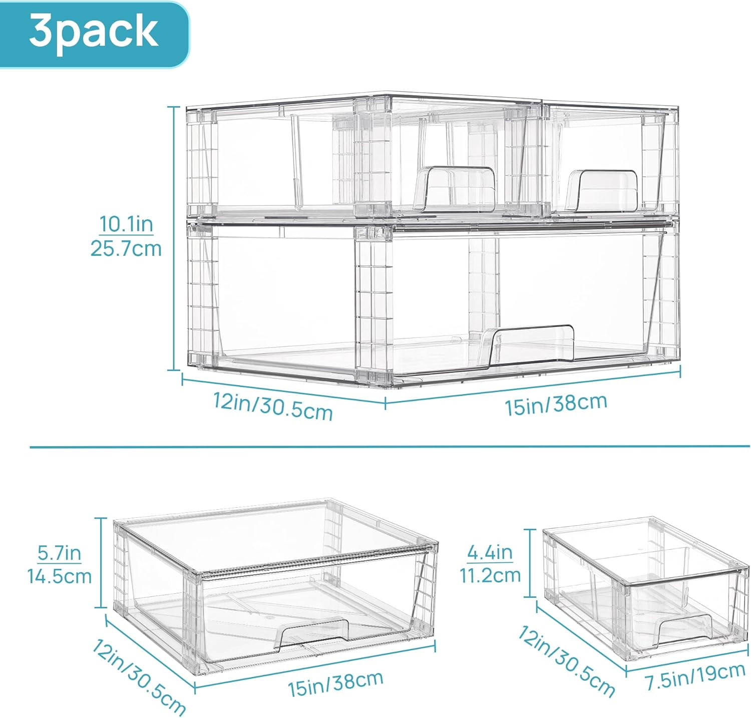 Stackable Storage Drawers, Easily Assemble Acrylic Bathroom Undersink Organizers, Clear Plastic Storage Bins for Closet, Cabinet, Pantry Organization