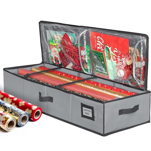 HOLDN' STORAGE Wrapping Paper Storage Container, Fits 27 Rolls Gift Wrap, Extra Pockets for Ribbons & Bows, Underbed Storage - Gray