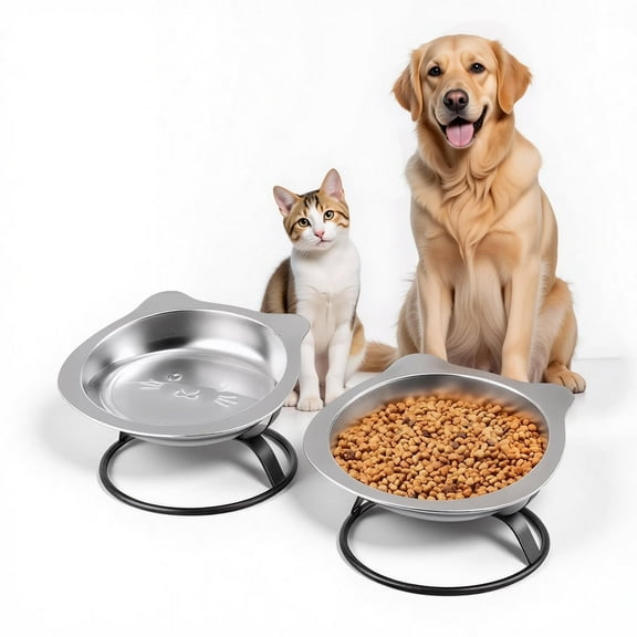BLRTUN Elevated Cat Bowl Metal Stand - 7.1" Wide Stainless Steel Whisker Friendly Dishes, 15° Tilt for Cats/Kittens/Small Dogs, Indoor/Outdoor & Travel Use