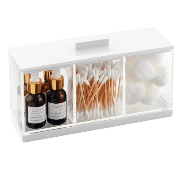 mDesign Cosmetic Divided Storage Organizer Box, 3 Sections and Lid - Clear/White