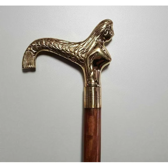 Golden Mermaid Handle Walking Stick – Handcrafted Wooden Cane for Men & Women – Vintage Nautical-Inspired Collectible Cane