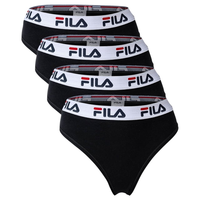 FILA Tanga para Mujer, paquete de 4 - Cintura con logotipo, Algodón Stretch, color sólido Negro XL (X-Large)