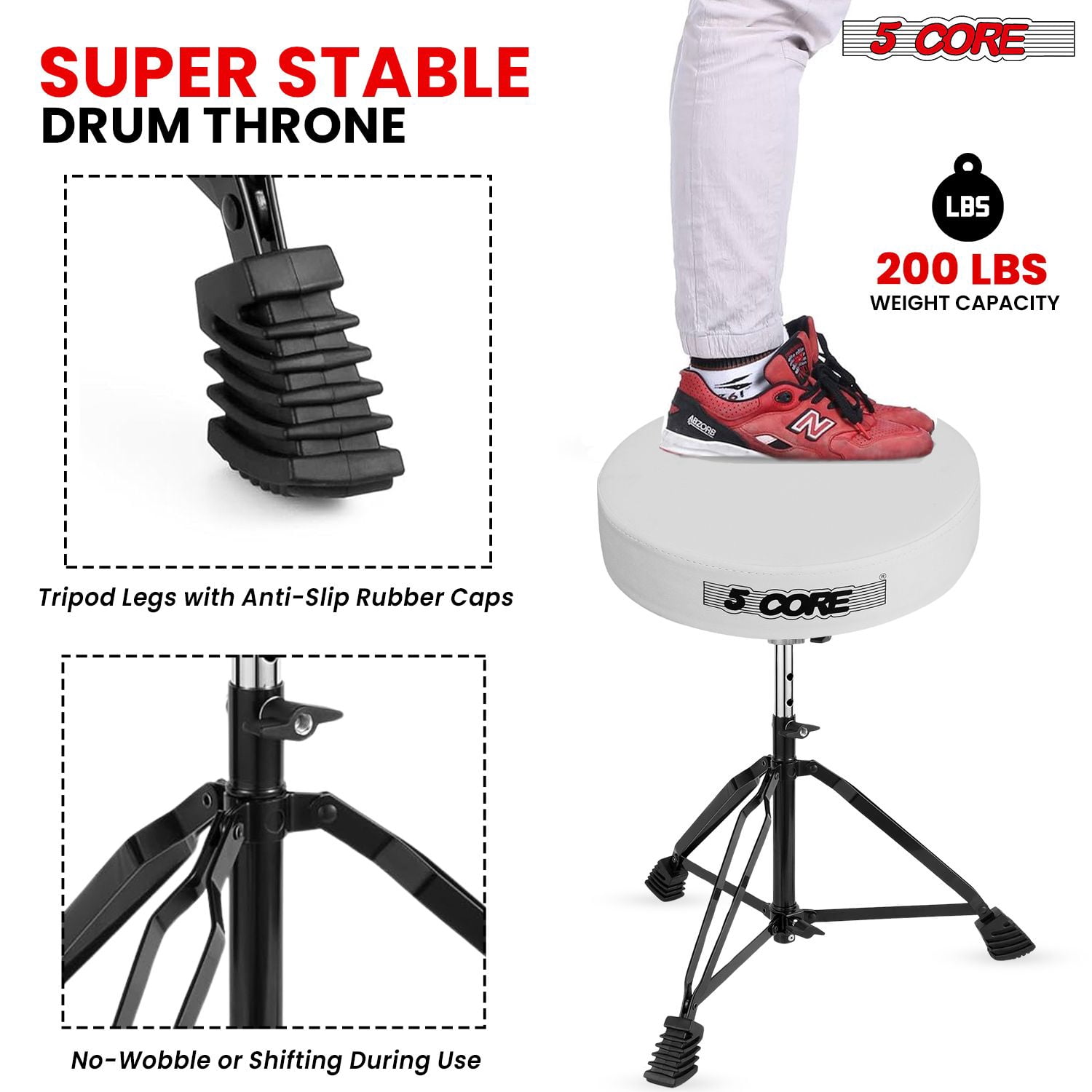 Drum Throne Padded Guitar Stool Height Adjustable Music Chair Seat Universal for Adults & Kids with Anti Slip Rubber Feet - DS BLKCH White