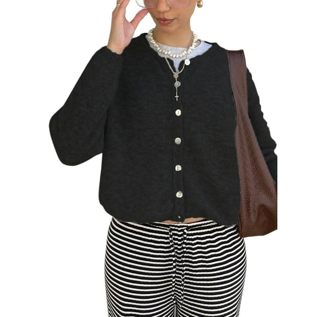 Gupgi Women's Knit Cardigan Solid Color Crewneck Long Sleeve Button Down Sweater Soft Lightweight Ribbed Coat Tops