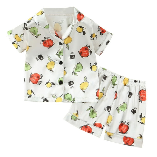 Odeerbi 1-8 Años Niños Niñas Pijama de Verano de Satén Con Solapa de Muesca Camisas de Manga Corta Pantalones Conjunto de Pijama Con Estampado Floral Suave