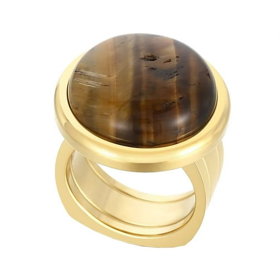 HIJONES Women's Stainless Steel Round Light Luxury Glass Big Gemstone Signet Ring Christmas Promise Jewelry Brown Gem Gold Size 8