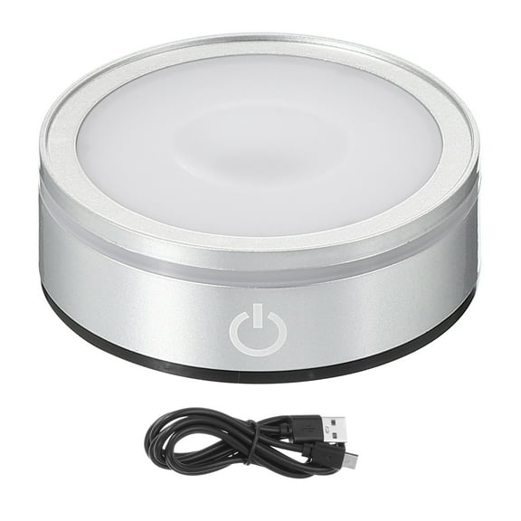 Uxcell LED Light Base Non-Slip Round Display Stand, LED 6 Lighting Mode Multicolor Flat Light Base for Glass Ball 3D Crystal Party Decoration, Silver