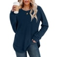 thumbnail image 6 of Waffle Knit Tunic Tops For Women Fall Long Sleeve Shirts Curved Hem Crew Neck Loose Fit Fashion Clothing Outfits Plus Size Casual Comfy Navy L, 6 of 7
