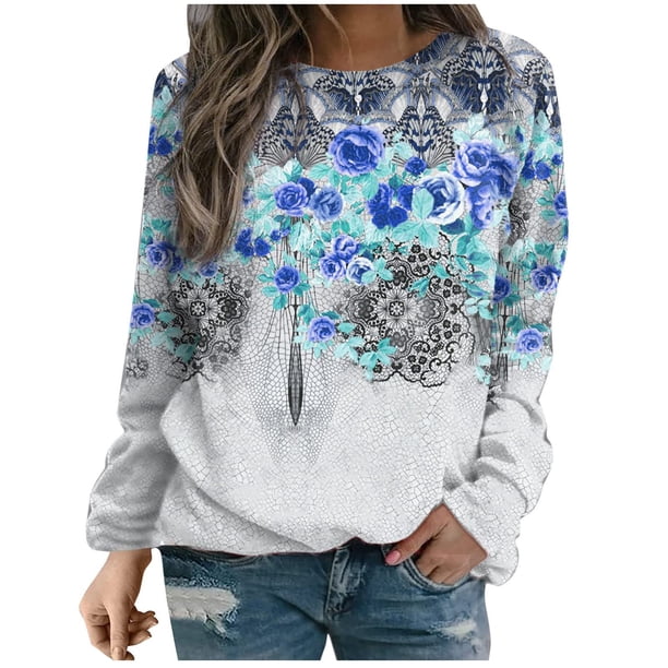 Camiseta suelta estampada a la moda para mujer, blusa de manga larga, cuello redondo, camisetas informales Pompotops FGAJ7734